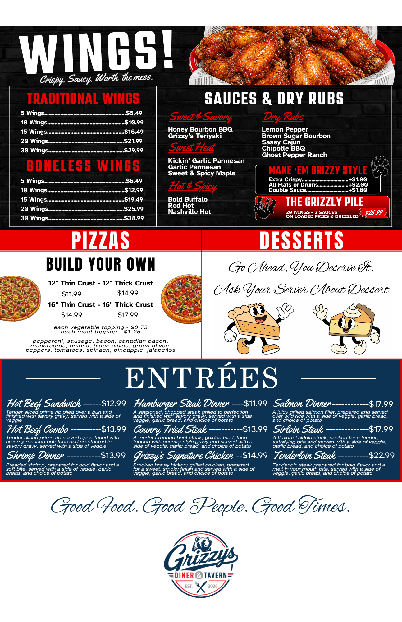 Grizzy’s lunch and dinner menu back