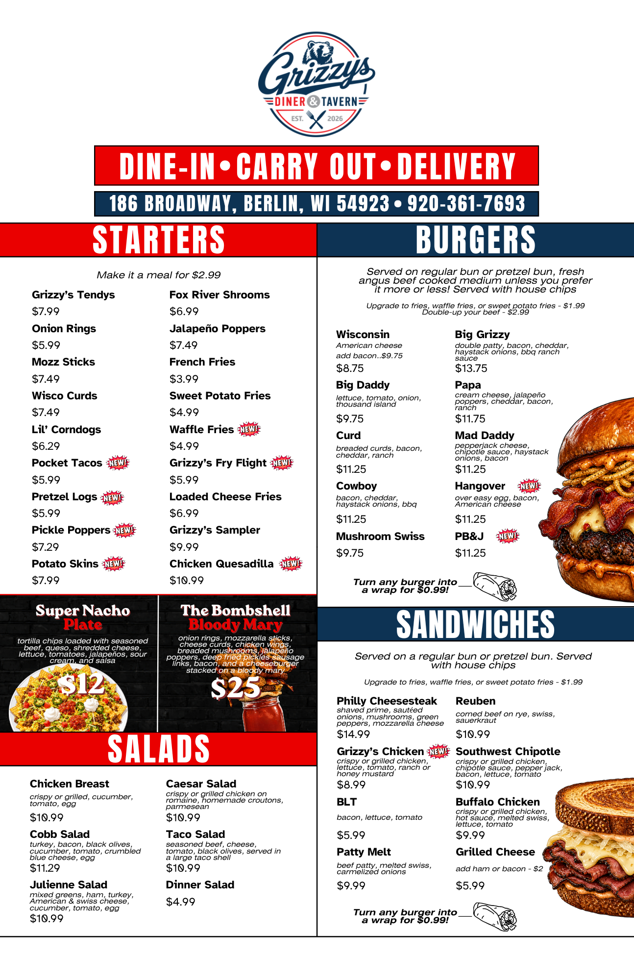Grizzy’s lunch and dinner menu front
